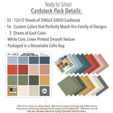Ready for School Cardstock, includes image, showing 12x12 linen printed smooth cardstock for scrapbook page bases, photo mats, card making, die cutting, titles, borders, and layered paper projects. Buyer theme: Classic School Colors Printed Smooth Cardstock. Ready for School Printed Smooth Cardstock with 16 schoolhouse colors including dusty blues, reds, blush, sage, olive, mustard, cream, tan and chalkboard gray. Color palette includes blush pink, sage green, olive green