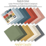 Ready for School Cardstock, papers spread out image, showing 12x12 linen printed smooth cardstock for scrapbook page bases, photo mats, card making, die cutting, titles, borders, and layered paper projects. Buyer theme: Classic School Colors Printed Smooth Cardstock. Ready for School Printed Smooth Cardstock with 16 schoolhouse colors including dusty blues, reds, blush, sage, olive, mustard, cream, tan and chalkboard gray. Color palette includes brick red, blush pink, sage green