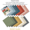 Ready for School Cardstock, papers spread out image, showing 12x12 linen printed smooth cardstock for scrapbook page bases, photo mats, card making, die cutting, titles, borders, and layered paper projects. Buyer theme: Classic School Colors Printed Smooth Cardstock. Ready for School Printed Smooth Cardstock with 16 schoolhouse colors including dusty blues, reds, blush, sage, olive, mustard, cream, tan and chalkboard gray. Color palette includes brick red, blush pink, sage green