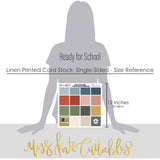 Ready for School Cardstock, size guide image, showing 12x12 linen printed smooth cardstock for scrapbook page bases, photo mats, card making, die cutting, titles, borders, and layered paper projects. Buyer theme: Classic School Colors Printed Smooth Cardstock. Ready for School Printed Smooth Cardstock with 16 schoolhouse colors including dusty blues, reds, blush, sage, olive, mustard, cream, tan and chalkboard gray. Color palette includes apple red, brick red, blush pink