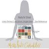 Ready for School Cardstock, size guide image, showing 12x12 linen printed smooth cardstock for scrapbook page bases, photo mats, card making, die cutting, titles, borders, and layered paper projects. Buyer theme: Classic School Colors Printed Smooth Cardstock. Ready for School Printed Smooth Cardstock with 16 schoolhouse colors including dusty blues, reds, blush, sage, olive, mustard, cream, tan and chalkboard gray. Color palette includes apple red, brick red, blush pink