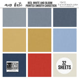 Red White and Bloom Cardstock, high resolution cover image, showing 12x12 printed smooth cardstock for scrapbook page bases, photo mats, card making, die cutting, titles, borders, and layered paper projects. Buyer theme: Red Blue & Gold Printed Smooth Cardstock. Red White and Bloom Printed Smooth Cardstock in fog blue, slate, denim, gold, powder blue, navy, red and ivory with a subtle printed linen-style texture