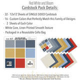 Red White and Bloom Cardstock, includes image, showing 12x12 printed smooth cardstock for scrapbook page bases, photo mats, card making, die cutting, titles, borders, and layered paper projects. Buyer theme: Red Blue & Gold Printed Smooth Cardstock. Red White and Bloom Printed Smooth Cardstock in fog blue, slate, denim, gold, powder blue, navy, red and ivory with a subtle printed linen-style texture. Designed for Card making, Mini albums, Junk journals
