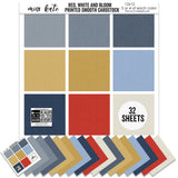 Red White and Bloom Cardstock, main product image, showing 12x12 printed smooth cardstock for scrapbook page bases, photo mats, card making, die cutting, titles, borders, and layered paper projects. Buyer theme: Red Blue & Gold Printed Smooth Cardstock. Red White and Bloom Printed Smooth Cardstock in fog blue, slate, denim, gold, powder blue, navy, red and ivory with a subtle printed linen-style texture