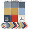 Red White and Bloom Cardstock, main product image, showing 12x12 printed smooth cardstock for scrapbook page bases, photo mats, card making, die cutting, titles, borders, and layered paper projects. Buyer theme: Red Blue & Gold Printed Smooth Cardstock. Red White and Bloom Printed Smooth Cardstock in fog blue, slate, denim, gold, powder blue, navy, red and ivory with a subtle printed linen-style texture