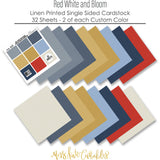 Red White and Bloom Cardstock, papers spread out image, showing 12x12 printed smooth cardstock for scrapbook page bases, photo mats, card making, die cutting, titles, borders, and layered paper projects. Buyer theme: Red Blue & Gold Printed Smooth Cardstock. Red White and Bloom Printed Smooth Cardstock in fog blue, slate, denim, gold, powder blue, navy, red and ivory with a subtle printed linen-style texture. Designed for Summer picnic pages, Card making, Mini albums