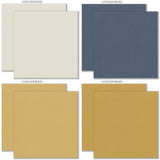 Red White and Bloom Cardstock, cardstock paper patterns 17 through 24 preview, showing 12x12 printed smooth cardstock for scrapbook page bases, photo mats, card making, die cutting, titles, borders, and layered paper projects. Buyer theme: Red Blue & Gold Printed Smooth Cardstock. Red White and Bloom Printed Smooth Cardstock in fog blue, slate, denim, gold, powder blue, navy, red and ivory with a subtle printed linen-style texture