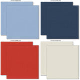 Red White and Bloom Cardstock, cardstock paper patterns 25 through 32 preview, showing 12x12 printed smooth cardstock for scrapbook page bases, photo mats, card making, die cutting, titles, borders, and layered paper projects. Buyer theme: Red Blue & Gold Printed Smooth Cardstock. Red White and Bloom Printed Smooth Cardstock in fog blue, slate, denim, gold, powder blue, navy, red and ivory with a subtle printed linen-style texture