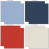 Red White and Bloom Cardstock, cardstock paper patterns 25 through 32 preview, showing 12x12 printed smooth cardstock for scrapbook page bases, photo mats, card making, die cutting, titles, borders, and layered paper projects. Buyer theme: Red Blue & Gold Printed Smooth Cardstock. Red White and Bloom Printed Smooth Cardstock in fog blue, slate, denim, gold, powder blue, navy, red and ivory with a subtle printed linen-style texture