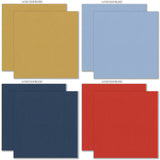 Red White and Bloom Cardstock, cardstock paper patterns 9 through 16 preview, showing 12x12 printed smooth cardstock for scrapbook page bases, photo mats, card making, die cutting, titles, borders, and layered paper projects. Buyer theme: Red Blue & Gold Printed Smooth Cardstock. Red White and Bloom Printed Smooth Cardstock in fog blue, slate, denim, gold, powder blue, navy, red and ivory with a subtle printed linen-style texture