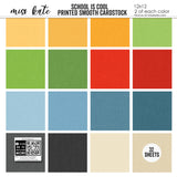 School is Cool Cardstock, high resolution cover image, showing 12x12 printed smooth cardstock for scrapbook page bases, photo mats, card making, die cutting, titles, borders, and layered paper projects. Buyer theme: Classic School Colors Printed Smooth Cardstock. School is Cool Printed Smooth Cardstock in coordinating yellow, green, red, blue, cream, charcoal and black shades. Coordinating patterns include Vintage ruler patterns, Primary color star prints, Red plaid and gray gingham