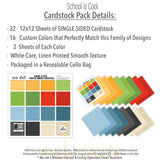 School is Cool Cardstock, includes image, showing 12x12 printed smooth cardstock for scrapbook page bases, photo mats, card making, die cutting, titles, borders, and layered paper projects. Buyer theme: Classic School Colors Printed Smooth Cardstock. School is Cool Printed Smooth Cardstock in coordinating yellow, green, red, blue, cream, charcoal and black shades. Coordinating patterns include Blue graph paper, Apple and school supply repeats, Notebook paper and handwriting practice