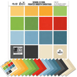 School is Cool Cardstock, main product image, showing 12x12 printed smooth cardstock for scrapbook page bases, photo mats, card making, die cutting, titles, borders, and layered paper projects. Buyer theme: Classic School Colors Printed Smooth Cardstock. School is Cool Printed Smooth Cardstock in coordinating yellow, green, red, blue, cream, charcoal and black shades. Coordinating patterns include Blue school gingham, Vintage ruler patterns, Primary color star prints