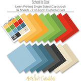 School is Cool Cardstock, papers spread out image, showing 12x12 printed smooth cardstock for scrapbook page bases, photo mats, card making, die cutting, titles, borders, and layered paper projects. Buyer theme: Classic School Colors Printed Smooth Cardstock. School is Cool Printed Smooth Cardstock in coordinating yellow, green, red, blue, cream, charcoal and black shades. Coordinating patterns include Red plaid and gray gingham, Blue graph paper, Apple and school supply repeats