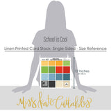 School is Cool Cardstock, size guide image, showing 12x12 printed smooth cardstock for scrapbook page bases, photo mats, card making, die cutting, titles, borders, and layered paper projects. Buyer theme: Classic School Colors Printed Smooth Cardstock. School is Cool Printed Smooth Cardstock in coordinating yellow, green, red, blue, cream, charcoal and black shades. Coordinating patterns include Primary color star prints, Red plaid and gray gingham, Blue graph paper