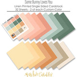 Some Bunny Loves You Cardstock, papers spread out image, showing 12x12 printed smooth cardstock for scrapbook page bases, photo mats, card making, die cutting, titles, borders, and layered paper projects. Buyer theme: Pastel Spring Printed Smooth Cardstock. Some Bunny Loves You Printed Smooth Cardstock in warm vanilla, peach, coral, mint, sage, yellow, apricot, taupe and cream with a subtle printed linen-style texture. Designed for Card making, Mini albums, Junk journals