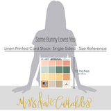 Some Bunny Loves You Cardstock, size guide image, showing 12x12 printed smooth cardstock for scrapbook page bases, photo mats, card making, die cutting, titles, borders, and layered paper projects. Buyer theme: Pastel Spring Printed Smooth Cardstock. Some Bunny Loves You Printed Smooth Cardstock in warm vanilla, peach, coral, mint, sage, yellow, apricot, taupe and cream with a subtle printed linen-style texture. Designed for Spring family albums, Card making, Mini albums