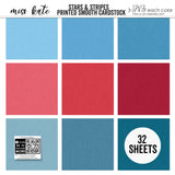 Stars and Stripes Cardstock, high resolution cover image, showing 12x12 printed smooth cardstock for scrapbook page bases, photo mats, card making, die cutting, titles, borders, and layered paper projects. Buyer theme: Red White & Blue Printed Cardstock. Stars and Stripes Printed Smooth Cardstock in nine coordinating blue and red linen-look colors for patriotic paper crafting. Scrapbook cardstock, card making cardstock, photo mat paper, die-cutting paper, and coordinated album colors