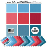 Stars and Stripes Cardstock, main product image, showing 12x12 printed smooth cardstock for scrapbook page bases, photo mats, card making, die cutting, titles, borders, and layered paper projects. Buyer theme: Red White & Blue Printed Cardstock. Stars and Stripes Printed Smooth Cardstock in nine coordinating blue and red linen-look colors for patriotic paper crafting. Scrapbook cardstock, card making cardstock, photo mat paper, die-cutting paper, and coordinated album colors