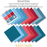 Stars and Stripes Cardstock, papers spread out image, showing 12x12 printed smooth cardstock for scrapbook page bases, photo mats, card making, die cutting, titles, borders, and layered paper projects. Buyer theme: Red White & Blue Printed Cardstock. Stars and Stripes Printed Smooth Cardstock in nine coordinating blue and red linen-look colors for patriotic paper crafting. Scrapbook cardstock, card making cardstock, photo mat paper, die-cutting paper, and coordinated album colors