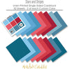 Stars and Stripes Cardstock, papers spread out image, showing 12x12 printed smooth cardstock for scrapbook page bases, photo mats, card making, die cutting, titles, borders, and layered paper projects. Buyer theme: Red White & Blue Printed Cardstock. Stars and Stripes Printed Smooth Cardstock in nine coordinating blue and red linen-look colors for patriotic paper crafting. Scrapbook cardstock, card making cardstock, photo mat paper, die-cutting paper, and coordinated album colors