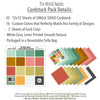 The World Awaits Cardstock, includes image, showing 12x12 printed smooth cardstock for scrapbook page bases, photo mats, card making, die cutting, titles, borders, and layered paper projects. Buyer theme: Tropical Travel Printed Smooth Cardstock. Coordinating printed smooth cardstock in tropical vacation colors including mint, teal, coral, gold, yellow, sage, white and charcoal. Visible artwork includes airplane, passport, camera, globe. Color palette includes yellow, sage, white