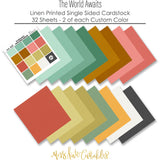 The World Awaits Cardstock, papers spread out image, showing 12x12 printed smooth cardstock for scrapbook page bases, photo mats, card making, die cutting, titles, borders, and layered paper projects. Buyer theme: Tropical Travel Printed Smooth Cardstock. Coordinating printed smooth cardstock in tropical vacation colors including mint, teal, coral, gold, yellow, sage, white and charcoal. Visible artwork includes palm fronds, airplane, passport, camera
