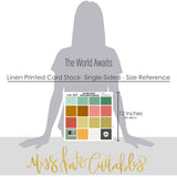 The World Awaits Cardstock, size guide image, showing 12x12 printed smooth cardstock for scrapbook page bases, photo mats, card making, die cutting, titles, borders, and layered paper projects. Buyer theme: Tropical Travel Printed Smooth Cardstock. Coordinating printed smooth cardstock in tropical vacation colors including mint, teal, coral, gold, yellow, sage, white and charcoal. Visible artwork includes monstera leaves, palm fronds, airplane, passport