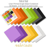 Trick or Treat Bundle, papers spread out image, showing complete coordinated paper craft set with 12x12 papers, 6x6 papers, cardstock, die cuts, and stickers for layouts, cards, albums, journals, and keepsakes. Buyer theme: Complete Cute Halloween Scrapbook Bundle. Trick or Treat complete scrapbook bundle with 12x12 paper, 6x6 paper, coordinating cardstock, stickers and die cuts