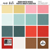 Warm Winter Wishes Cardstock, high resolution cover image, showing 12x12 printed smooth cardstock for scrapbook page bases, photo mats, card making, die cutting, titles, borders, and layered paper projects. Buyer theme: Aqua, Teal & Red Printed Smooth Cardstock. Warm Winter Wishes Printed Smooth Cardstock in sixteen coordinating winter colors including aqua, teal, red, pink, cream, gold, white and brown. Designed for Snow-day photo albums, Skiing memory pages, Cold-weather journals