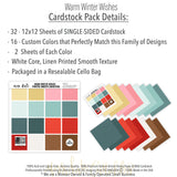 Warm Winter Wishes Cardstock, includes image, showing 12x12 printed smooth cardstock for scrapbook page bases, photo mats, card making, die cutting, titles, borders, and layered paper projects. Buyer theme: Aqua, Teal & Red Printed Smooth Cardstock. Warm Winter Wishes Printed Smooth Cardstock in sixteen coordinating winter colors including aqua, teal, red, pink, cream, gold, white and brown. Coordinating patterns include Diagonal candy stripes, Snowman repeats, Cabin scenes