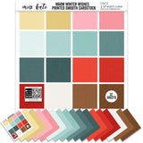 Warm Winter Wishes Cardstock, main product image, showing 12x12 printed smooth cardstock for scrapbook page bases, photo mats, card making, die cutting, titles, borders, and layered paper projects. Buyer theme: Aqua, Teal & Red Printed Smooth Cardstock. Warm Winter Wishes Printed Smooth Cardstock in sixteen coordinating winter colors including aqua, teal, red, pink, cream, gold, white and brown. Designed for Winter scrapbook layouts, Snow-day photo albums, Skiing memory pages