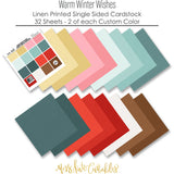 Warm Winter Wishes Cardstock, papers spread out image, showing 12x12 printed smooth cardstock for scrapbook page bases, photo mats, card making, die cutting, titles, borders, and layered paper projects. Buyer theme: Aqua, Teal & Red Printed Smooth Cardstock. Warm Winter Wishes Printed Smooth Cardstock in sixteen coordinating winter colors including aqua, teal, red, pink, cream, gold, white and brown. Coordinating patterns include Winter berry branches, Diagonal candy stripes, Snowman repeats