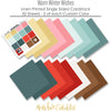 Warm Winter Wishes Cardstock, papers spread out image, showing 12x12 printed smooth cardstock for scrapbook page bases, photo mats, card making, die cutting, titles, borders, and layered paper projects. Buyer theme: Aqua, Teal & Red Printed Smooth Cardstock. Warm Winter Wishes Printed Smooth Cardstock in sixteen coordinating winter colors including aqua, teal, red, pink, cream, gold, white and brown. Coordinating patterns include Winter berry branches, Diagonal candy stripes, Snowman repeats