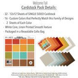 Welcome Fall Bundle, includes image, showing complete coordinated paper craft set with 12x12 papers, 6x6 papers, cardstock, die cuts, and stickers for layouts, cards, albums, journals, and keepsakes. Buyer theme: Complete Fall Scrapbook Bundle. Welcome Fall complete scrapbook bundle with 12x12 paper, 6x6 paper, coordinating cardstock, stickers and die cuts. Color palette includes Pumpkin orange, burnt orange, harvest gold, sunflower yellow, olive green, moss green, teal, aqua, tan and brown