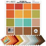 Welcome Fall Cardstock, main product image, showing 12x12 printed smooth cardstock for scrapbook page bases, photo mats, card making, die cutting, titles, borders, and layered paper projects. Buyer theme: Rustic Autumn Printed Smooth Cardstock. Welcome Fall Printed Smooth Cardstock in sixteen coordinating orange, gold, green, teal, tan and brown linen-look colors. Scrapbook cardstock, card making cardstock, photo mat paper, die-cutting paper, and coordinated album colors