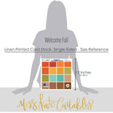 Welcome Fall Bundle, size guide image, showing complete coordinated paper craft set with 12x12 papers, 6x6 papers, cardstock, die cuts, and stickers for layouts, cards, albums, journals, and keepsakes. Buyer theme: Complete Fall Scrapbook Bundle. Welcome Fall complete scrapbook bundle with 12x12 paper, 6x6 paper, coordinating cardstock, stickers and die cuts. Color palette includes Pumpkin orange, burnt orange, harvest gold, sunflower yellow, olive green, moss green, teal, aqua, tan and brown