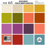 Wildflowers Cardstock, high resolution cover image, showing 12x12 printed smooth cardstock for scrapbook page bases, photo mats, card making, die cutting, titles, borders, and layered paper projects. Buyer theme: Rich Botanical Printed Smooth Cardstock. Wildflowers Printed Smooth Cardstock in coordinating cream, gold, mustard, olive, coral, orange, orchid, plum, red, aqua and teal shades. Coordinating patterns include Strawberry meadow repeat, Teal and coral floral fields, Purple polka dots
