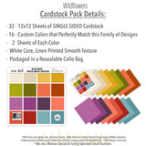 Wildflowers Cardstock, includes image, showing 12x12 printed smooth cardstock for scrapbook page bases, photo mats, card making, die cutting, titles, borders, and layered paper projects. Buyer theme: Rich Botanical Printed Smooth Cardstock. Wildflowers Printed Smooth Cardstock in coordinating cream, gold, mustard, olive, coral, orange, orchid, plum, red, aqua and teal shades. Coordinating patterns include Mustard gingham, Vintage banner patterns, Meadow bouquet papers