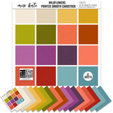 Wildflowers Cardstock, main product image, showing 12x12 printed smooth cardstock for scrapbook page bases, photo mats, card making, die cutting, titles, borders, and layered paper projects. Buyer theme: Rich Botanical Printed Smooth Cardstock. Wildflowers Printed Smooth Cardstock in coordinating cream, gold, mustard, olive, coral, orange, orchid, plum, red, aqua and teal shades. Coordinating patterns include Purple garden gingham, Strawberry meadow repeat, Teal and coral floral fields