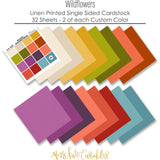 Wildflowers Cardstock, papers spread out image, showing 12x12 printed smooth cardstock for scrapbook page bases, photo mats, card making, die cutting, titles, borders, and layered paper projects. Buyer theme: Rich Botanical Printed Smooth Cardstock. Wildflowers Printed Smooth Cardstock in coordinating cream, gold, mustard, olive, coral, orange, orchid, plum, red, aqua and teal shades. Coordinating patterns include Purple polka dots, Mustard gingham, Vintage banner patterns
