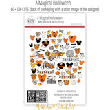 A Magical Halloween Die Cuts, back packaging image, showing pre-cut scrapbook embellishments for layouts, handmade cards, journals, mini albums, memory pages, and layered paper crafts. Buyer theme: Halloween Die Cuts & Theme Park Ephemera. A Magical Halloween die cuts with pumpkins, ghosts, candy corn, bats, spiderwebs, bows, mouse-ear silhouettes, castle art and Halloween phrases. Use the coordinating pieces to layer around photographs, journaling, titles, and paper details