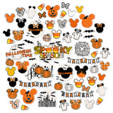 A Magical Halloween Die Cuts, main product image, showing pre-cut scrapbook embellishments for layouts, handmade cards, journals, mini albums, memory pages, and layered paper crafts. Buyer theme: Halloween Die Cuts & Theme Park Ephemera. A Magical Halloween die cuts with pumpkins, ghosts, candy corn, bats, spiderwebs, bows, mouse-ear silhouettes, castle art and Halloween phrases. Scrapbook die cuts, paper embellishments, card making accents, journal decorations, and layered paper craft supplies