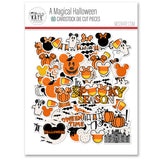 A Magical Halloween Die Cuts, packaging image, showing pre-cut scrapbook embellishments for layouts, handmade cards, journals, mini albums, memory pages, and layered paper crafts. Buyer theme: Halloween Die Cuts & Theme Park Ephemera. A Magical Halloween die cuts with pumpkins, ghosts, candy corn, bats, spiderwebs, bows, mouse-ear silhouettes, castle art and Halloween phrases. Scrapbook die cuts, paper embellishments, card making accents, journal decorations, and layered paper craft supplies