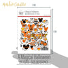 A Magical Halloween Die Cuts, size guide shown in hand for scale, showing pre-cut scrapbook embellishments for layouts, handmade cards, journals, mini albums, memory pages, and layered paper crafts. Buyer theme: Halloween Die Cuts & Theme Park Ephemera. A Magical Halloween die cuts with pumpkins, ghosts, candy corn, bats, spiderwebs, bows, mouse-ear silhouettes, castle art and Halloween phrases. Use the coordinating pieces to layer around photographs, journaling, titles, and paper details