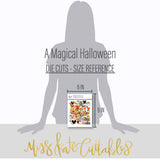 A Magical Halloween Die Cuts, size guide image, showing pre-cut scrapbook embellishments for layouts, handmade cards, journals, mini albums, memory pages, and layered paper crafts. Buyer theme: Halloween Die Cuts & Theme Park Ephemera. A Magical Halloween die cuts with pumpkins, ghosts, candy corn, bats, spiderwebs, bows, mouse-ear silhouettes, castle art and Halloween phrases. Scrapbook die cuts, paper embellishments, card making accents, journal decorations, and layered paper craft supplies