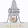 A Magical Halloween Die Cuts, size guide image, showing pre-cut scrapbook embellishments for layouts, handmade cards, journals, mini albums, memory pages, and layered paper crafts. Buyer theme: Halloween Die Cuts & Theme Park Ephemera. A Magical Halloween die cuts with pumpkins, ghosts, candy corn, bats, spiderwebs, bows, mouse-ear silhouettes, castle art and Halloween phrases. Scrapbook die cuts, paper embellishments, card making accents, journal decorations, and layered paper craft supplies