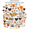 A Magical Halloween Die Cuts, die cuts spread out image, showing pre-cut scrapbook embellishments for layouts, handmade cards, journals, mini albums, memory pages, and layered paper crafts. Buyer theme: Halloween Die Cuts & Theme Park Ephemera. A Magical Halloween die cuts with pumpkins, ghosts, candy corn, bats, spiderwebs, bows, mouse-ear silhouettes, castle art and Halloween phrases. Use the coordinating pieces to layer around photographs, journaling, titles, and paper details