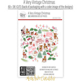 A Very Vintage Christmas Die Cuts, back packaging image, showing pre-cut scrapbook embellishments for layouts, handmade cards, journals, mini albums, memory pages, and layered paper crafts. Buyer theme: Vintage Christmas Die Cuts & Holiday Ephemera. A Very Vintage Christmas die cuts with retro Santa faces, deer, trees, ornaments, holly, bells, kittens, snowmen and Christmas phrases. Use the coordinating pieces to layer around photographs, journaling, titles, and paper details