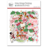 A Very Vintage Christmas Die Cuts, packaging image, showing pre-cut scrapbook embellishments for layouts, handmade cards, journals, mini albums, memory pages, and layered paper crafts. Buyer theme: Vintage Christmas Die Cuts & Holiday Ephemera. A Very Vintage Christmas die cuts with retro Santa faces, deer, trees, ornaments, holly, bells, kittens, snowmen and Christmas phrases. Scrapbook die cuts, paper embellishments, card making accents, journal decorations, and layered paper craft supplies